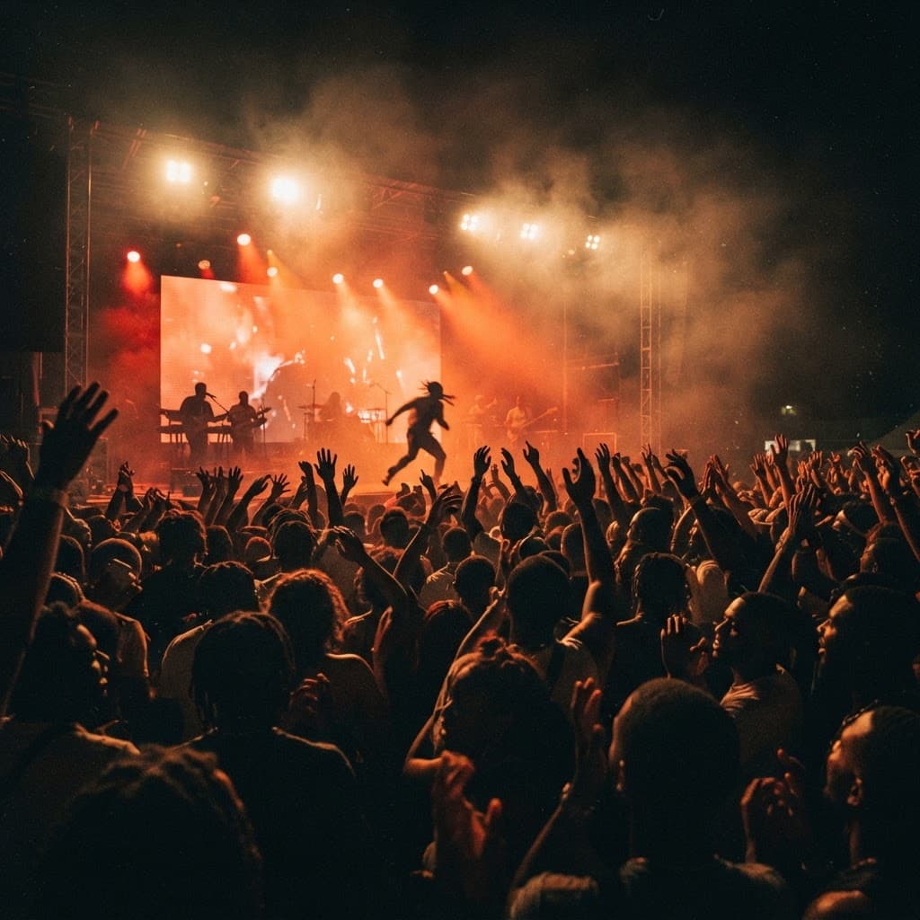 Crowd raising their hands at a live afrobeats concert as a performer runs across the stage